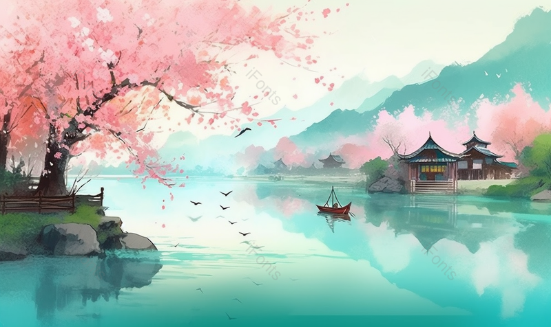 唯美国风山水亭台楼阁背景,插画/手绘图,插画/手绘图库,插画/手绘图下载,插画/手绘